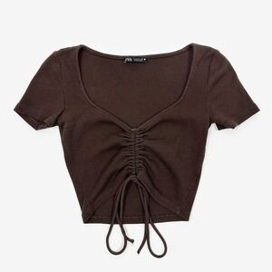 Zara Ruched Front Crop Top Size S Brown Cotton Blend Ribbed Soft Grunge Y2K Edgy